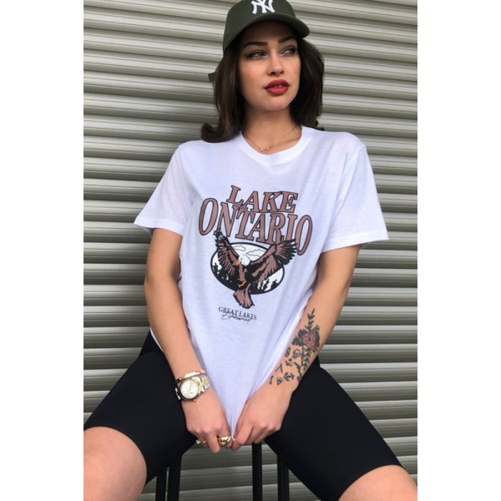 Le Dress Kadın Beyaz Oversize Lake Baskılı Tişört Bayan T-shirt Fiyatı