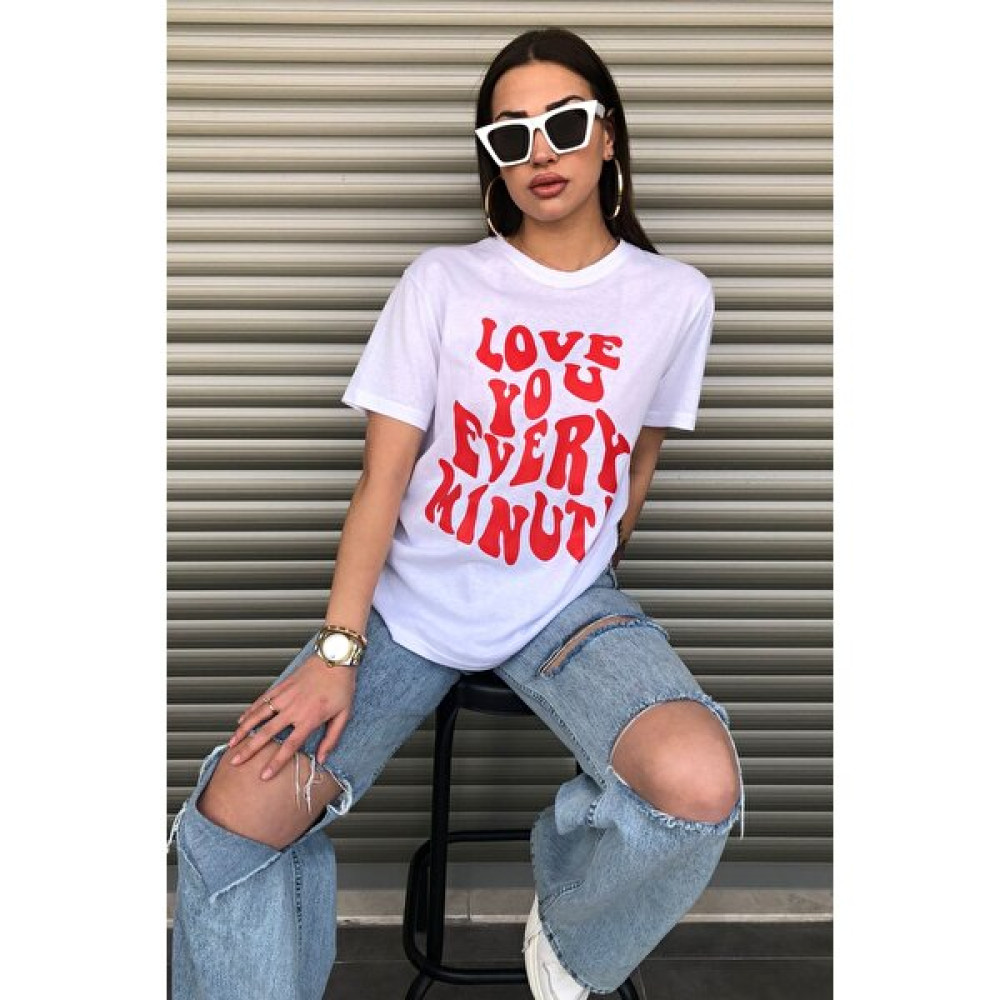 Le Dress Kadın Beyaz Oversize Love Baskılı Tişört Bayan T-shirt Fiyatı