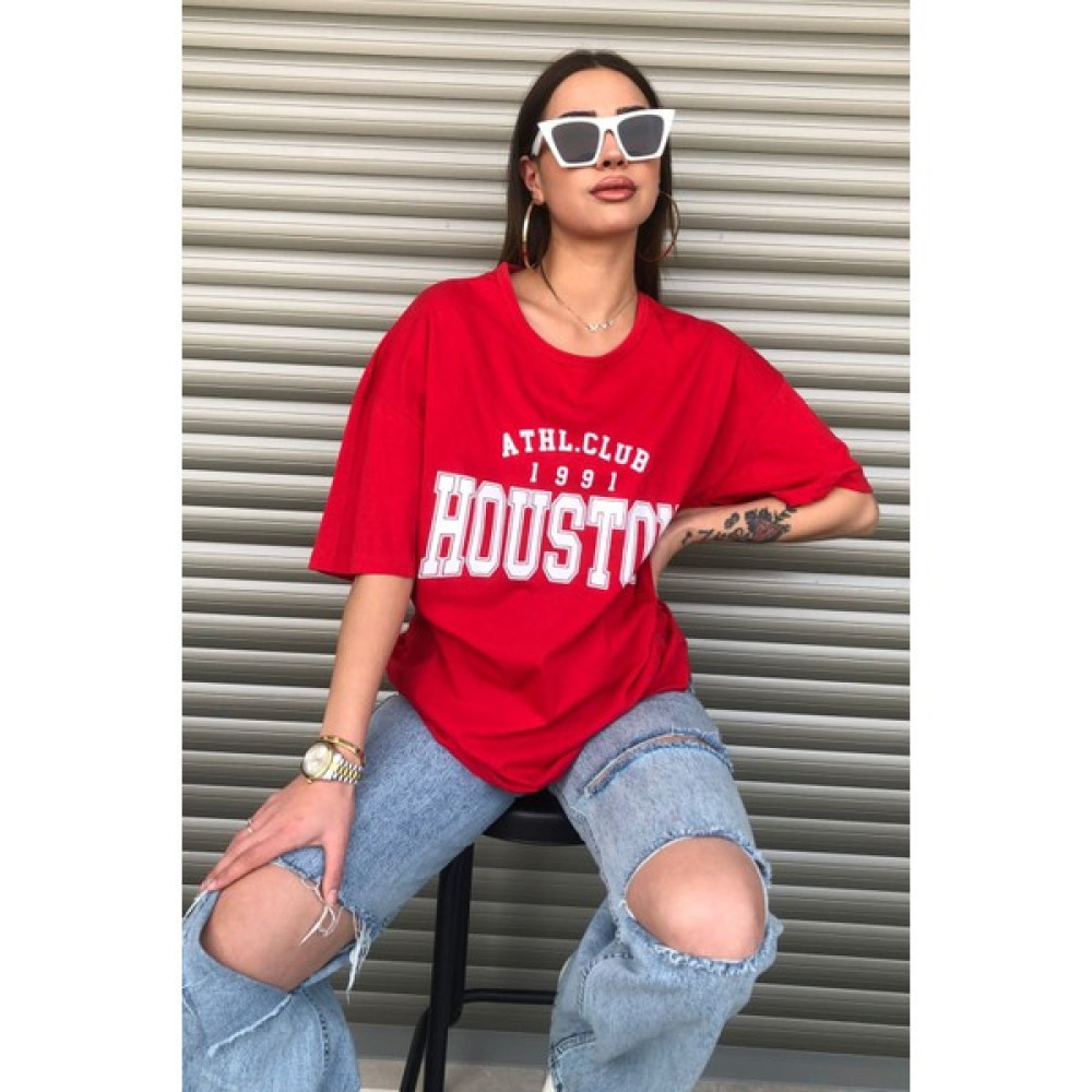Le Dress Kadın Kırmızı Oversize Houston Baskılı Tişört Bayan T-shirt Fiyatı