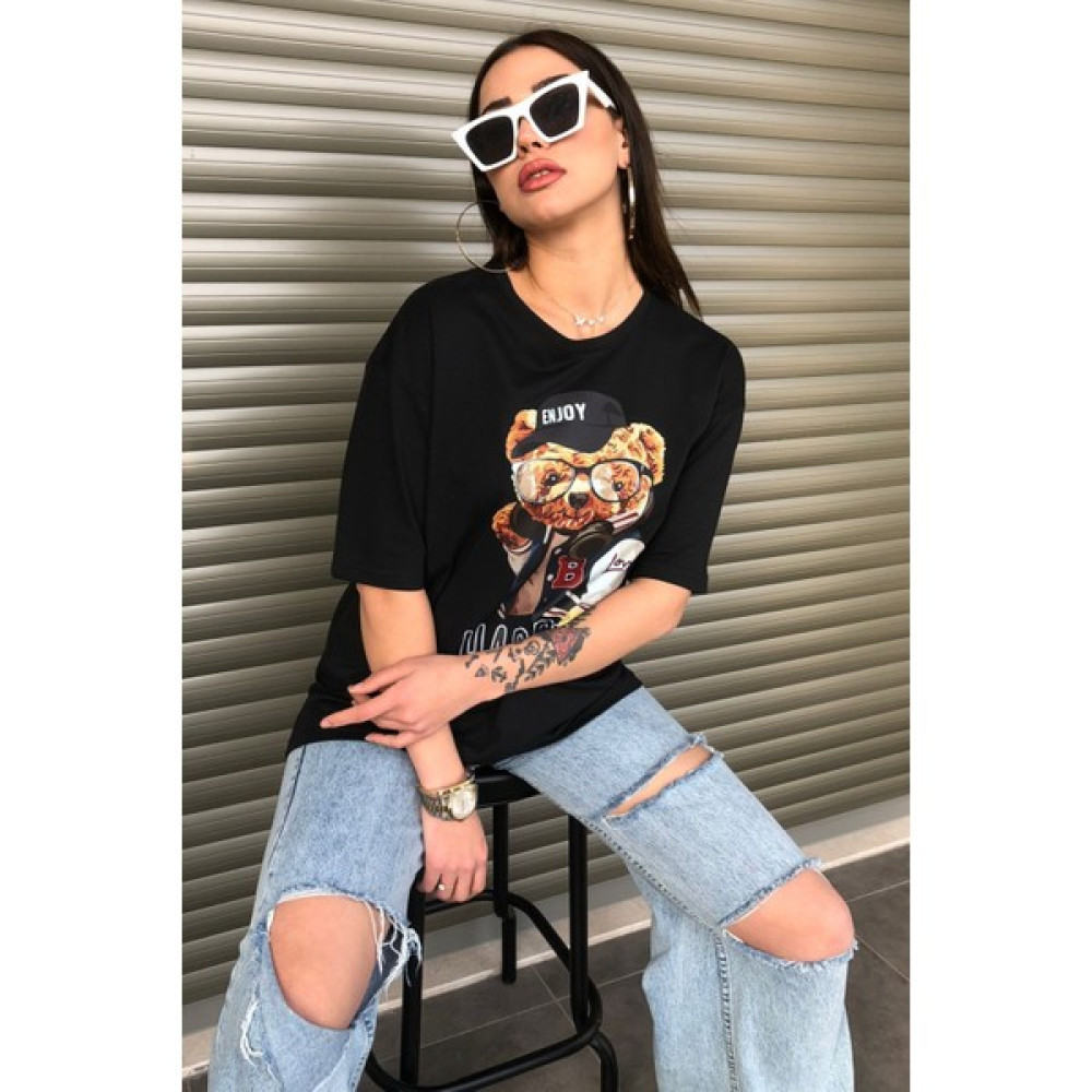 Le Dress Kadın Oversize Siyah Happier Baskılı Tişört Bayan T-shirt Fiyatı