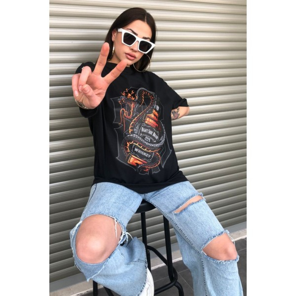 Le Dress Kadın Siyah Oversize Jack Baskılı Tişört Bayan T-shirt Fiyatı