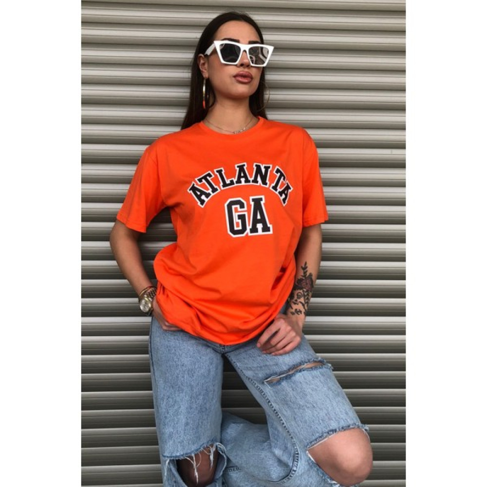Le Dress Kadın Turuncu Oversize Atlanta Baskılı Tişört Bayan T-shirt Fiyatı