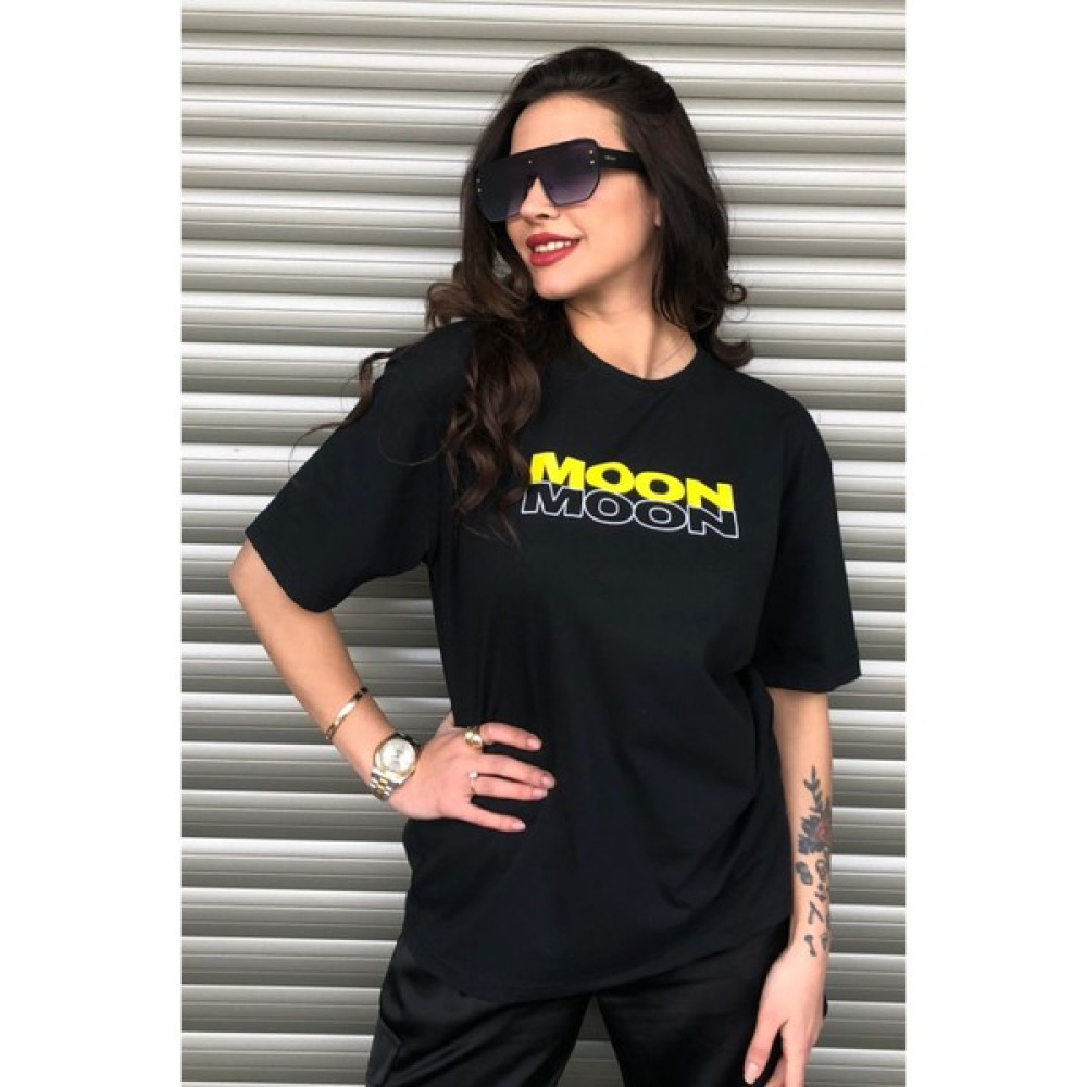 Le Dress Ledress Kadın Siyah Oversize Moon Baskılı Tişört Bayan T-shirt Fiyatı