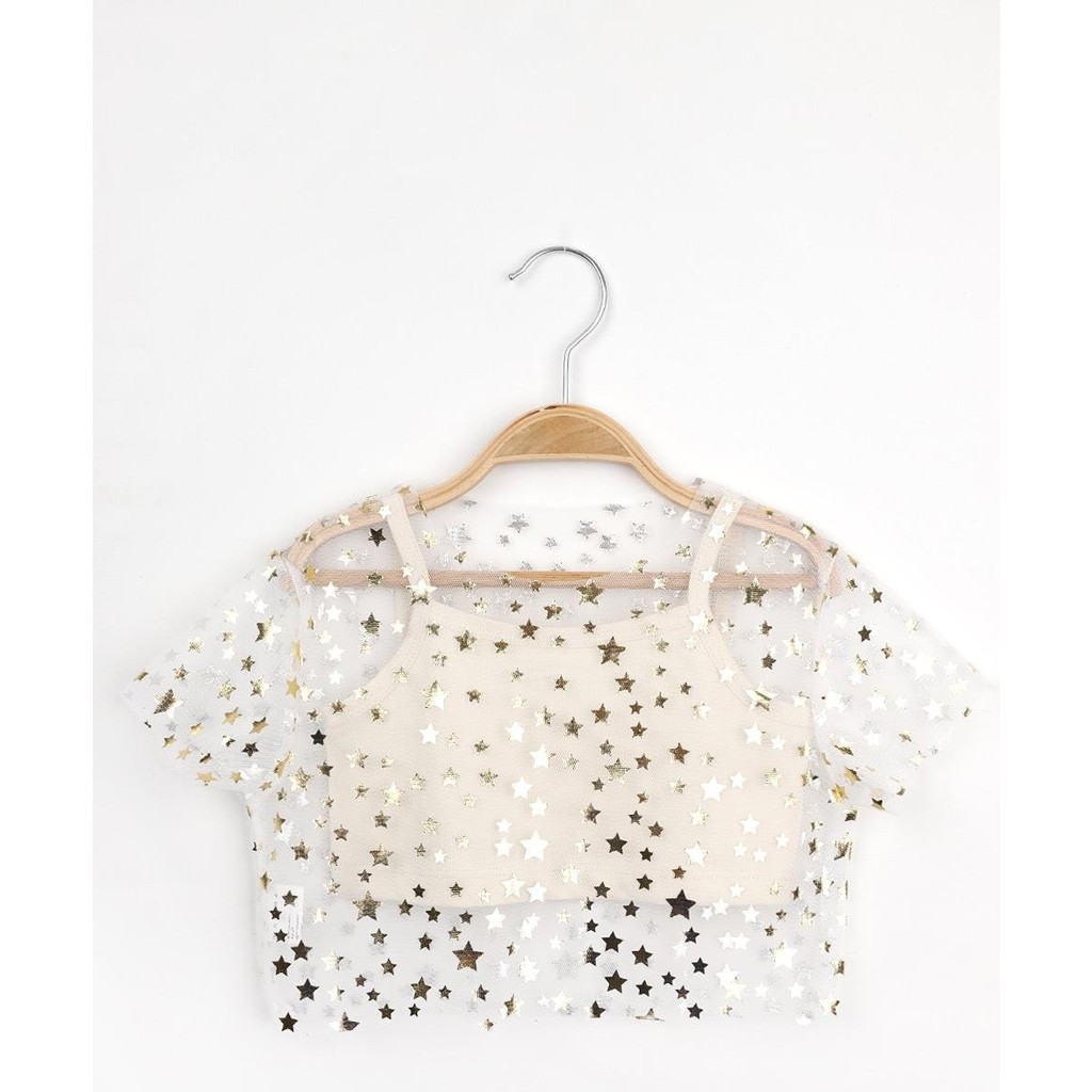 Le Mabelle Ekru Yıldız Baskılı Kız Çocuk Tül Crop Kız Çocuk T-shirt Fiyatı