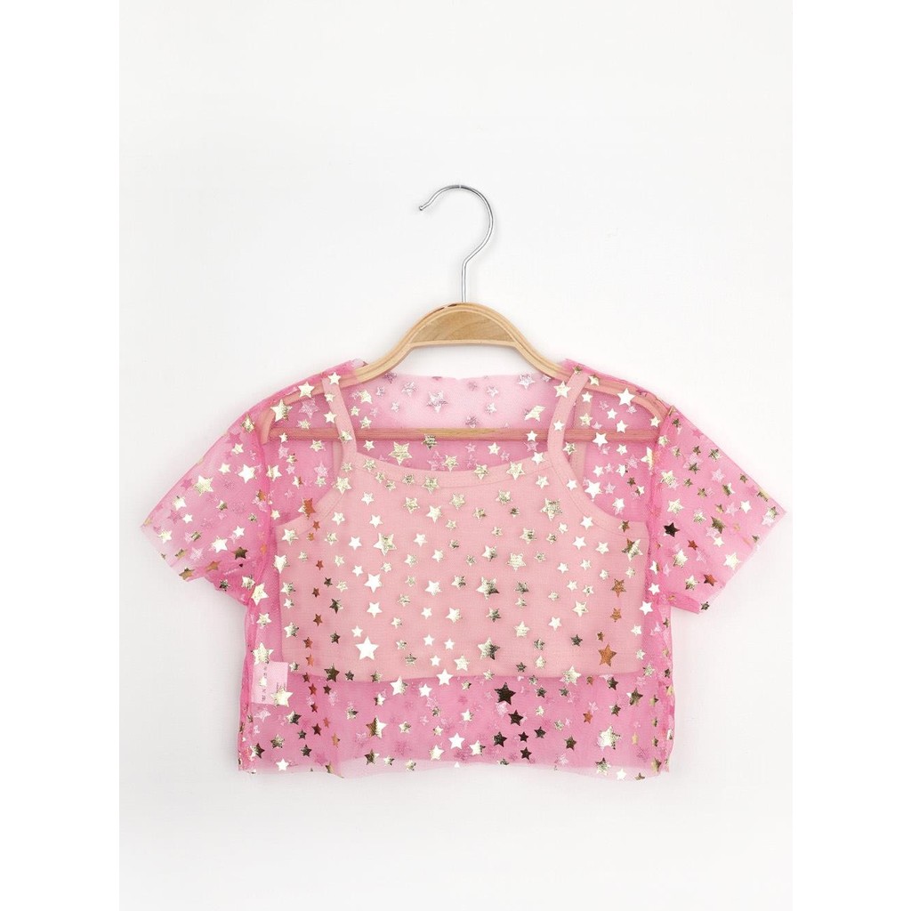 Le Mabelle Pembe Yıldız Baskılı Kız Çocuk Tül Crop Kız Çocuk T-shirt Fiyatı