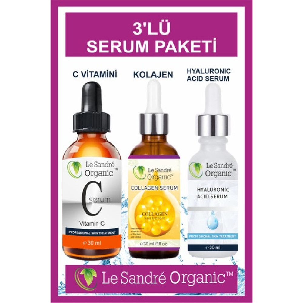 Le Sandre Organics Cilt Bakım Serum Seti Hyaluronic Acid + C Vitamini + Collagen Serum 30 ml 3'lü Anti-Aging / Yaşlanma Karşıtı Fiyatı