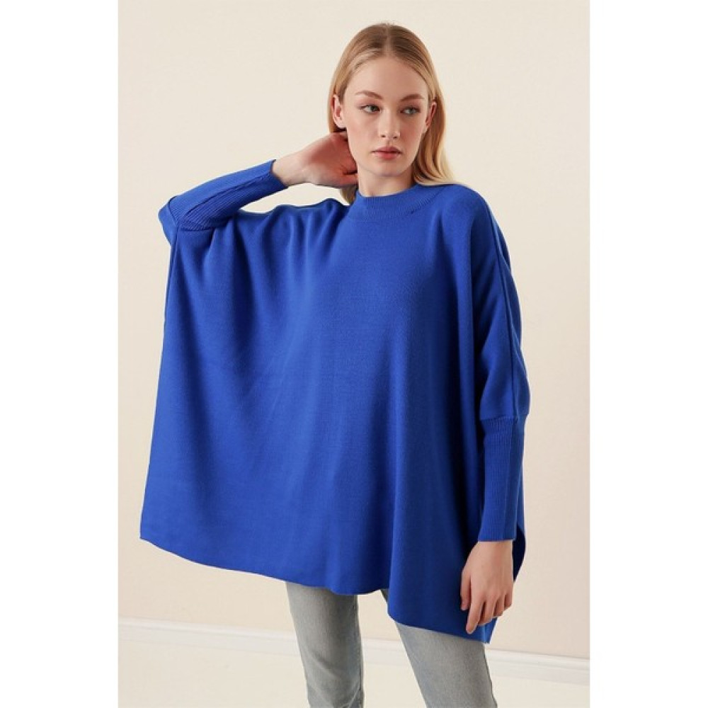 Le Voir Kadın Saks Mavi Yandan Yırtmaçlı Oversize Panço Kazak Bayan Kazak & Süveter & Triko Fiyatı