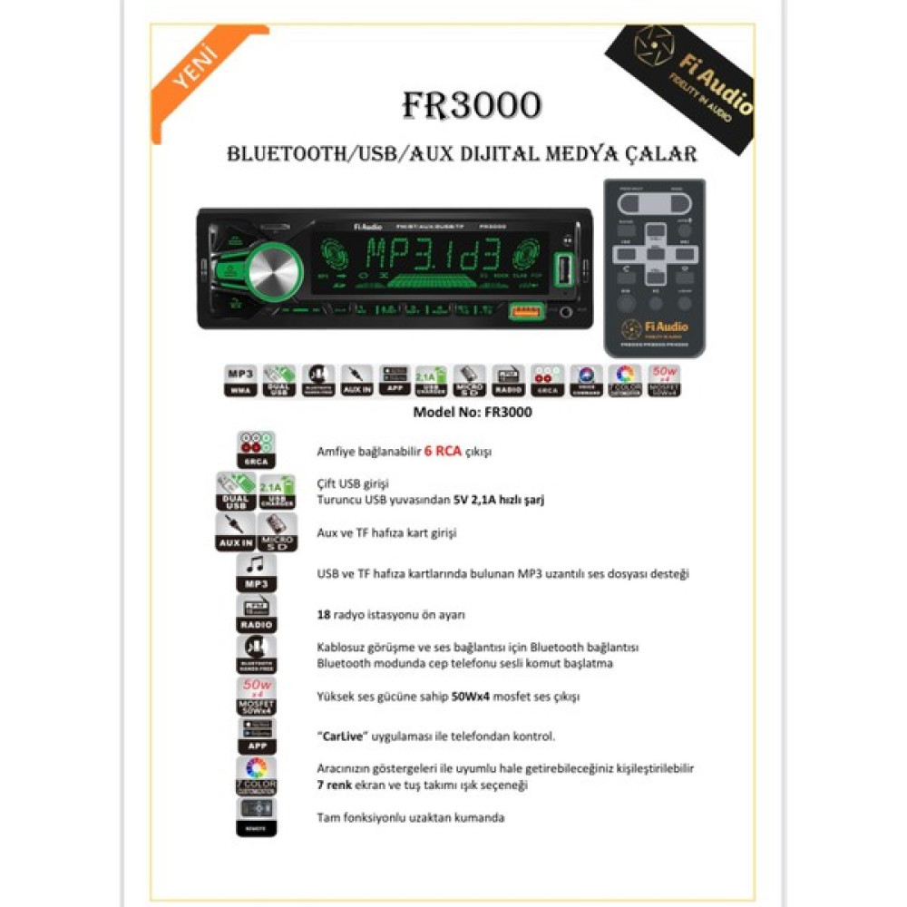 Leader Fi Audio FR3000 Bluetooth/usb/aux Dijital Medya Çalar Oto Teyp Oto Boyaları Fiyatı