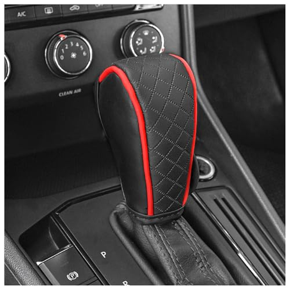 Leather Gear Shift Cover Diamond Embroidery Design,Durable Shift Knob Cover for Shift Lever Protection,Universal Car Gear Shift Cover Car Decorative Accessory Suitable for Cars,Trucks,SUVs (Black/Red)
