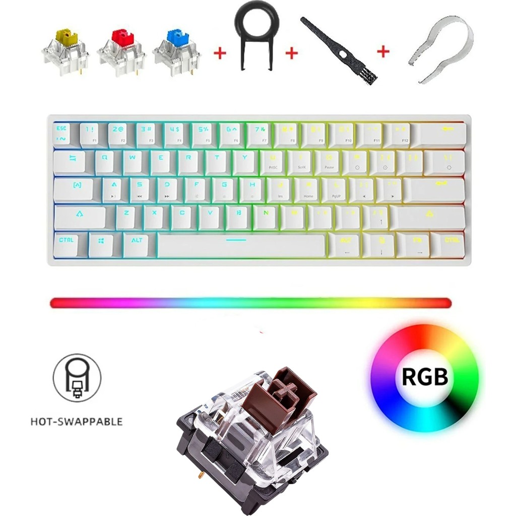 Leaven K620 Hot Swap 61 Tuş Kablolu Mekanik Klavye-3 Adet Hediye Switch İle- Rainbow Aydınlatmalı - Kahverengi Switch - Beyaz Klavye - Mouse Fiyatı