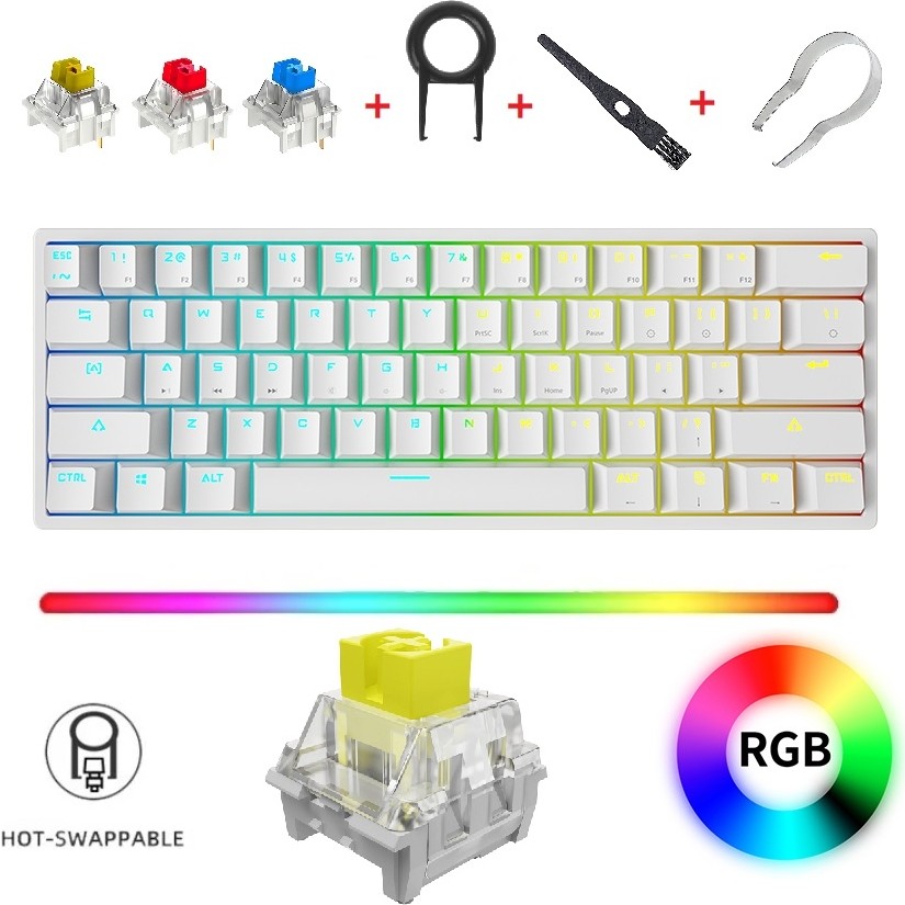 Leaven K620 Rainbow Aydınlatmalı 61 Tuş Kablolu Hot Swap Mekanik Klavye-3 Adet Switch ile Birlikte - Sarı Switch - Beyaz Klavye - Mouse Fiyatı