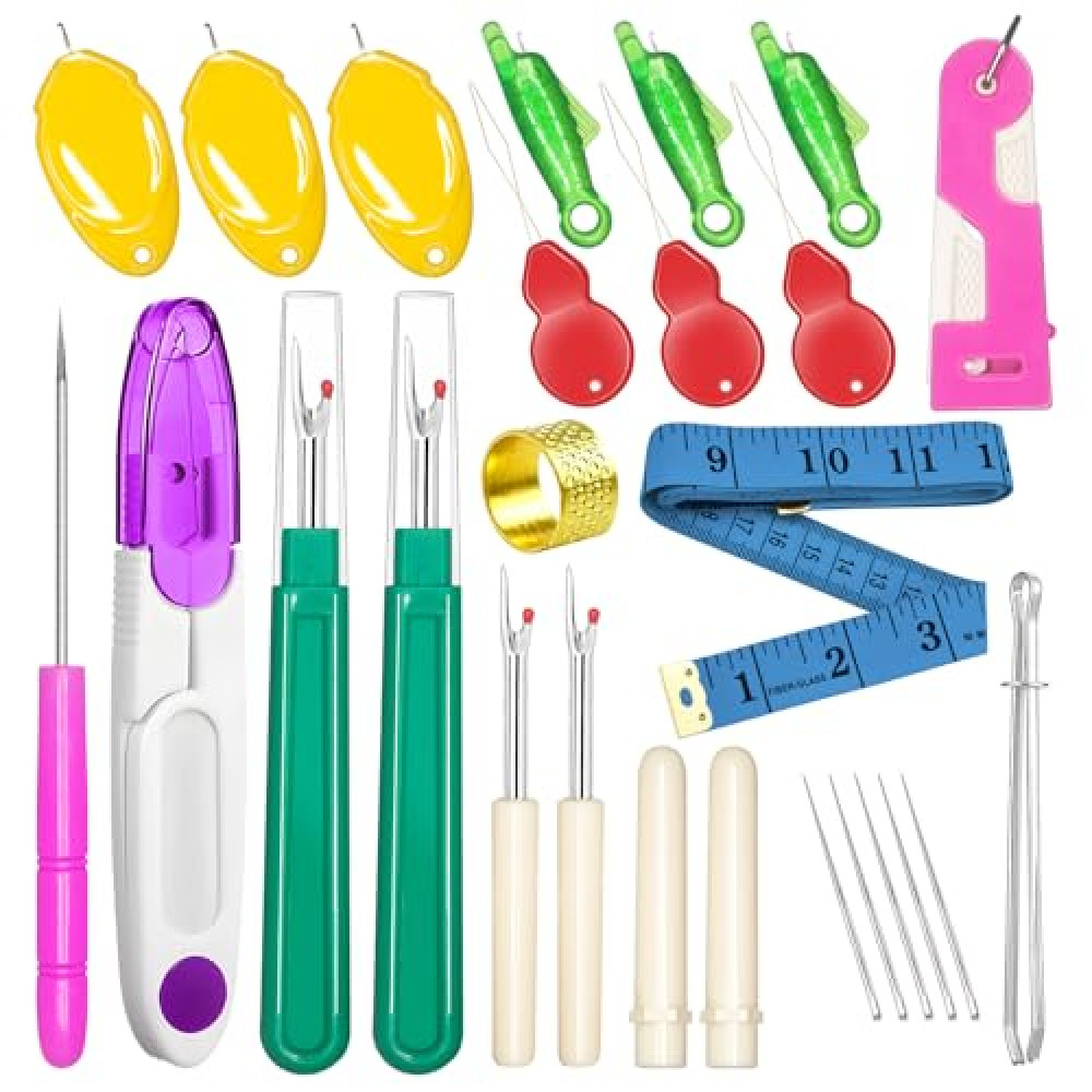 Lechchy Seam Rippers for Sewing(2 Big+2 Small), with Automatic Needle Threaders, Fish Mouth/Gourd/Thumb Shaped Simple Threader, Thread Snips, Drawstring Threader, Tape Measure, Awl, Thimble, Needles