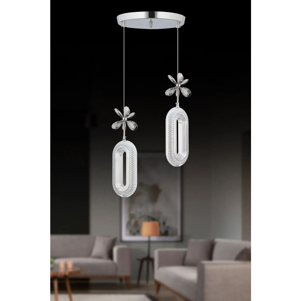 LED Alfa 2'li Gümüş 3 Renk Ledli Kristal Taşlı Modern LED Avize - Krom Avize Fiyatı