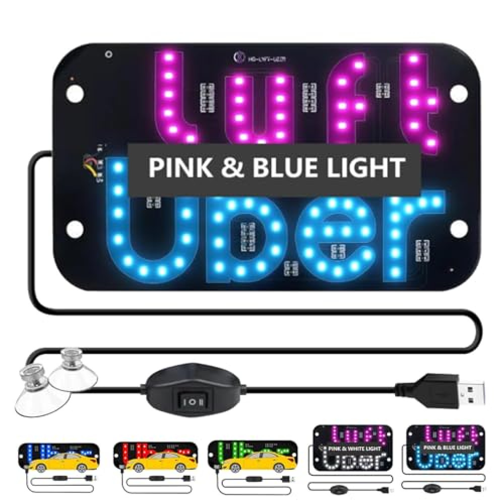 LED Light Signs for Car, Lighted LED Sign for USB Plug, Taxi Sign Light Windshield Sticker Cab Indicator Light with Suction Cups, Dual-Color Conversion, Improve Night Visibility (Pink+Blue)
