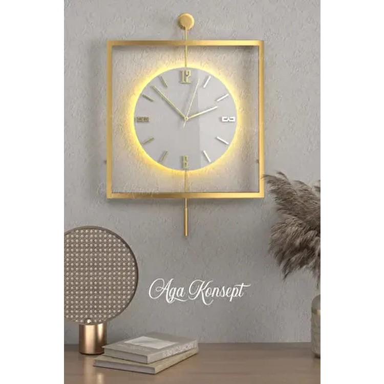 Led'li Gold Quadro Yuvarlak Kristal Orta Boy, Modern Dekoratif Sarkaçlı Metal Duvar Saati - Sarı Duvar Saati Fiyatı