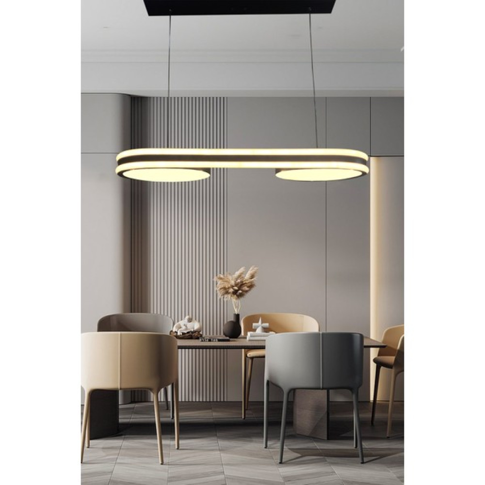 Ledmi Geniş Model Çift Halkalı Siyah LED Avize, 3 Renk Aydınlatmalı, Kumandalı Modern Avize, Salon Avizesi Avize Fiyatı