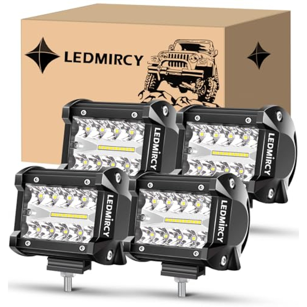 LEDMIRCY 4 Inch LED Pod Lights Spot Flood Combo Beam 4PCS White LED Light Bar Triple Rows Driving Off Road Lights Cube Work Lights for Truck Tractor Excavator GMC ATV SUV UTV Boat IP68 Waterproof