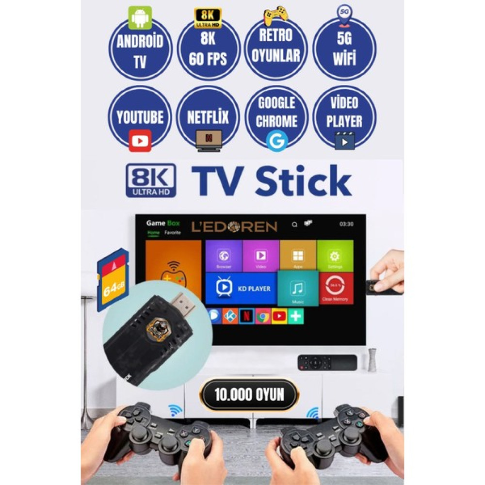 L'edoren 8k Android Tv Wifi Kablosuz Çift Kol Retro Oyunlar Game Stick 64GB Hafıza 10000 Oyun Atari - Dijital - Siyah Oyun Konsolları Fiyatı