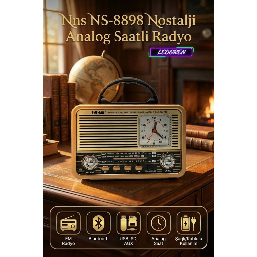 L'edoren NS-8898BT Nostaljik Radyo Analog Saatli FM Radyo Bluetooth Hoparlör USB TF AUX Özellikli - Kırmızı - Siyah Bluetooth Hoparlör Fiyatı