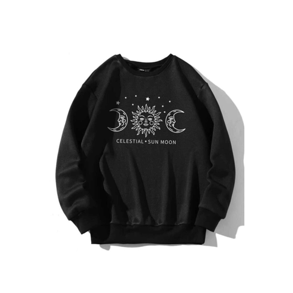 LEDRESS Unısex Ay Baskılı Siyah Oversize Sweatshırt M/L Beden Bayan Sweatshirt Fiyatı