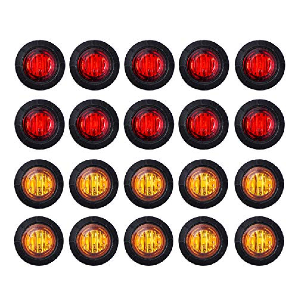 Ledvillage 20 Pcs 3/4 Inch Mini Round 10 Amber + 10 Red Light Bullet Side Marker Indicator Clearance Signal Lamp with Grommet for Trailer Truck RV Bus Boat 12V DC 3LED