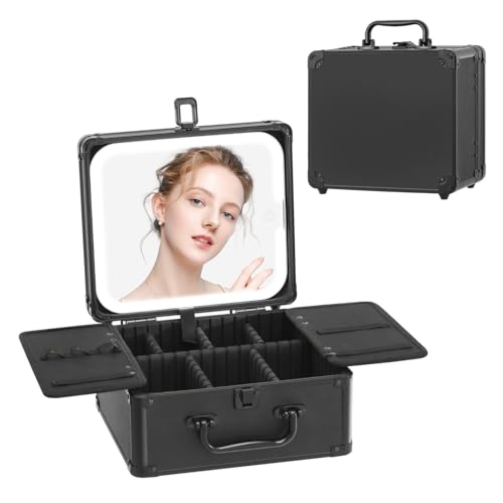 Leeora&Leekoo Makeup Box with LED Mirror & Aluminum Frame, Compact Multi-Layer Cosmetic Organizer - Portable ABS Travel Train Case for Makeup Storage(Gift for Girlfriend/Daughter) (Black) Makeup Bag Fiyatı