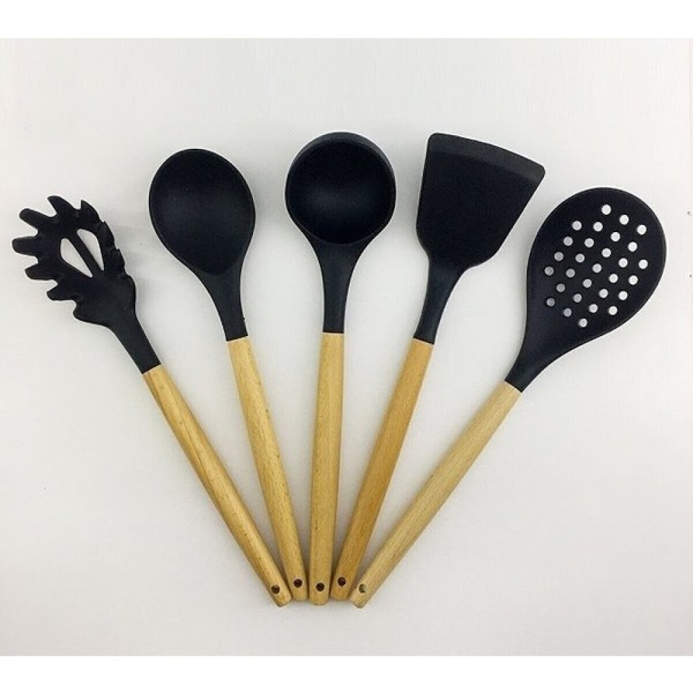 Lees home Bambu Saplı Siyah Çizmez Silikon Kevgir Kepçe Kaşık Makarna Salata Kaşığı Spatula 5'li Set Mutfak Gereçleri Fiyatı