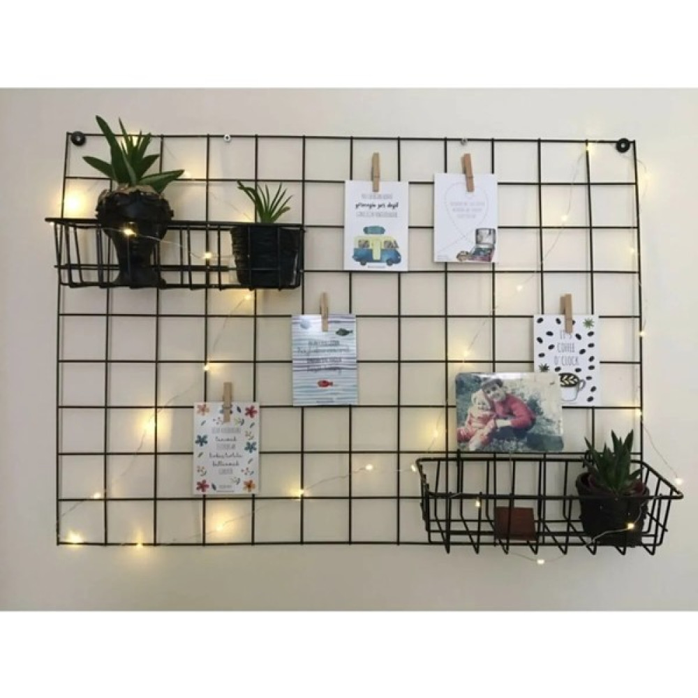 Lefiev Tel Pano Notluk Fotoğraf Askılığı Tel Askılık Notluk + 3m LED + Metal Pano Sepetli - Siyah Pano Fiyatı
