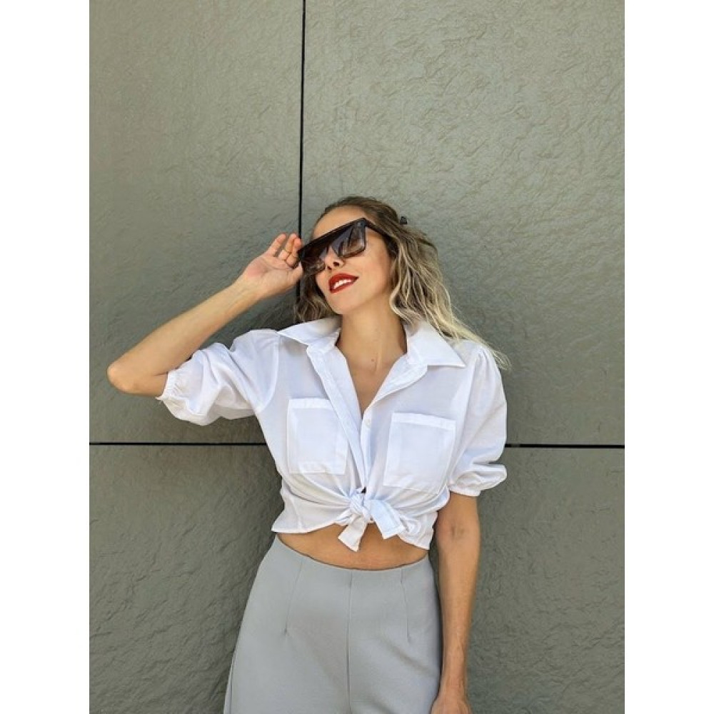 Leilaa Beyaz Bağlamalı Crop Gömlek Beyaz - L Kadın Gömlek Fiyatı