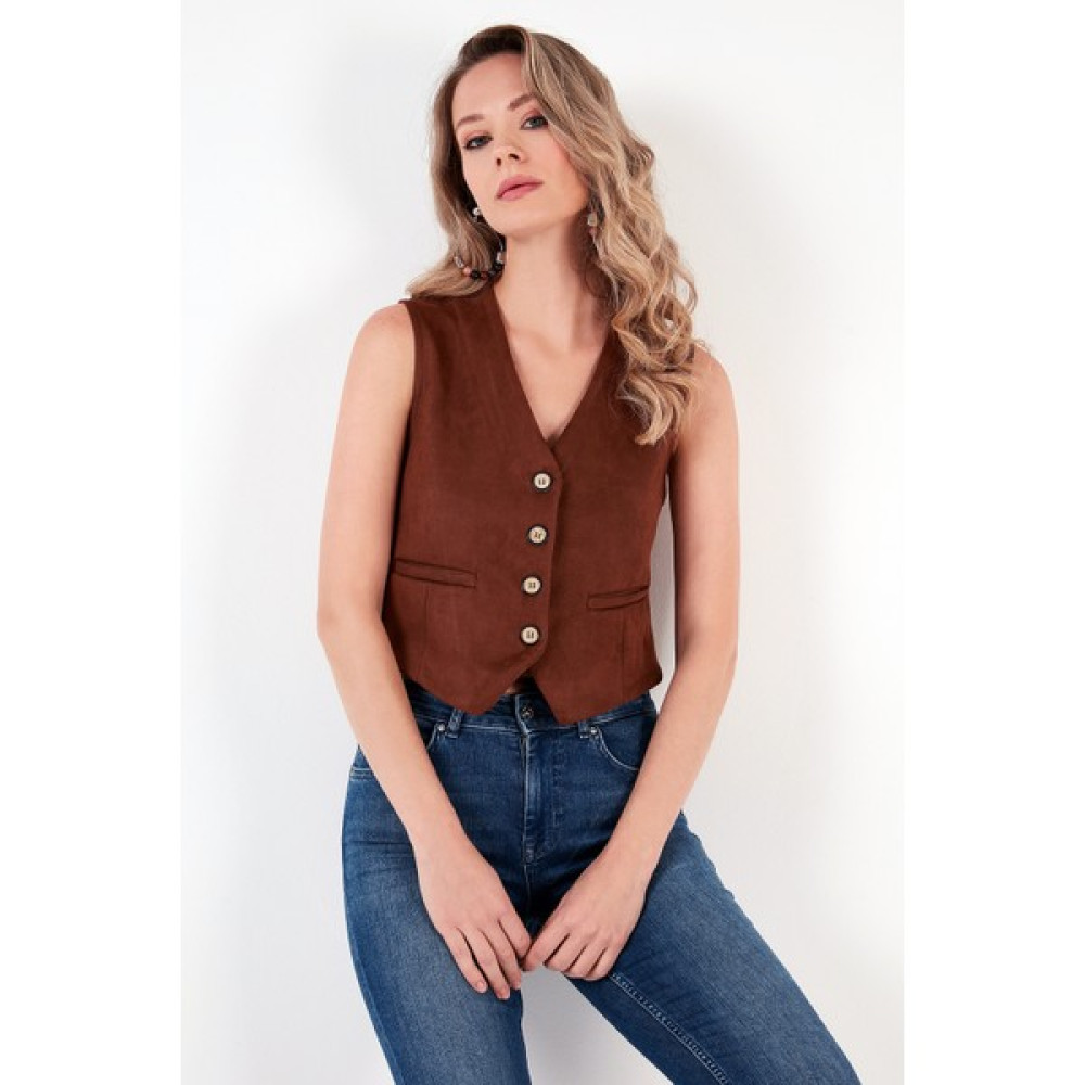 Lela Fitted V Yak Düğmeli Crop Scuba Süet Yelek Bayan Yelek 5865576 Kadın Yelek Fiyatı