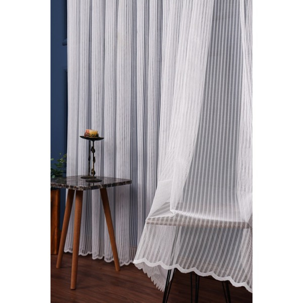 Leminor Yeni Sezon Çift Çizgili Desen Beyaz Ütü Istemez Salon, Mutfak Perdesi 1/2 Seyrek Pile Tül Perde - 300 x 190 cm - Kırık Beyaz Tül Perde Fiyatı