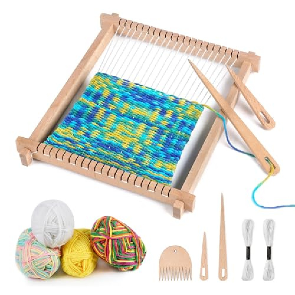 Lemonfilter Weaving Loom Kit,9 * 11inch Wooden Weaving Loom for Kids,Adult and Beginners,Multi-Craft Handcraft Wooden Loom Set for Kids with Yarns,Rods,Combs,Shuttles,Rubber Bands and Instructions