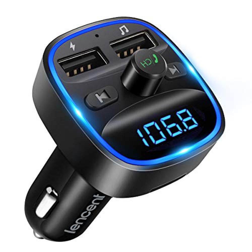 LENCENT FM Transmitter Car Bluetooth Adapter, Wireless Radio Music Adapter Car Kit with 2 USB Charging, Audio Receiver Car Charger MP3 Player, LED Display Hands-Free Calling Support U Disk & TF Card