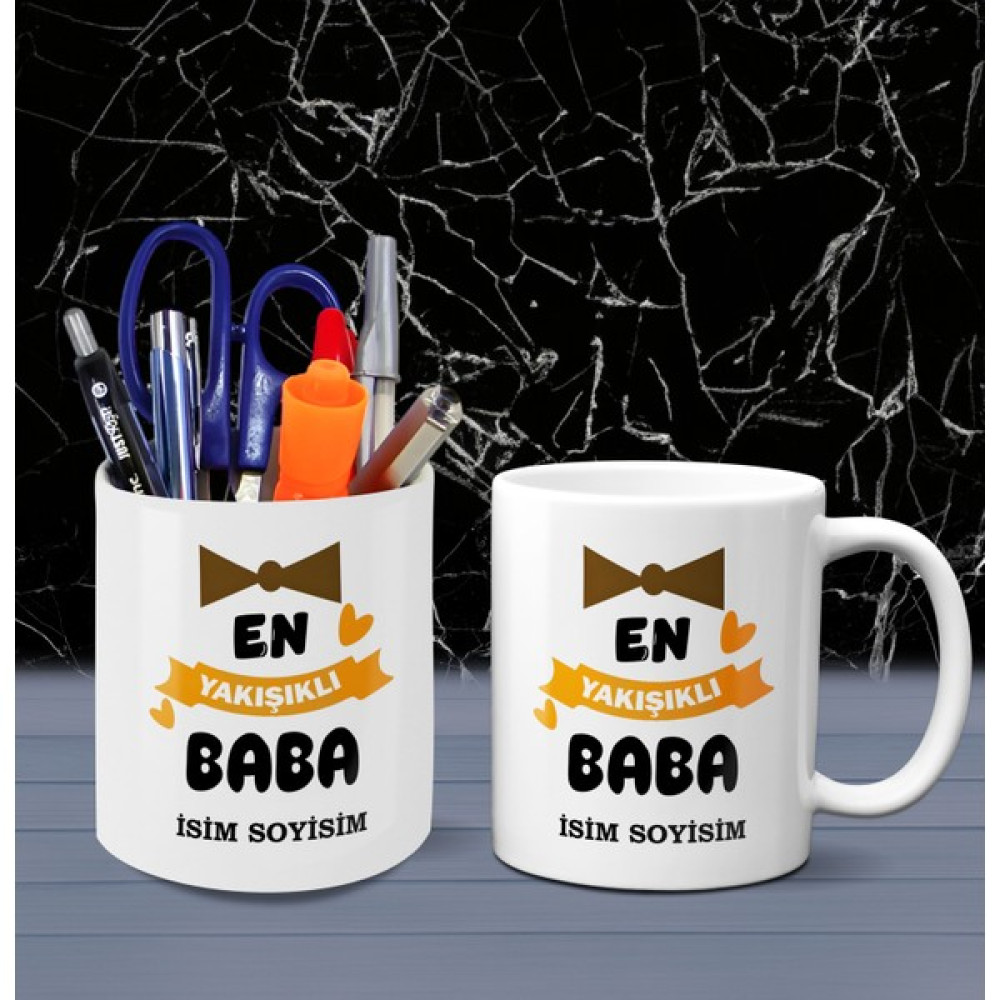 Lenostra Babaya Dogum Gunu Hediyesi Kişiye Özel Isimli En Yakışıklı Baba Yazılı Kupa ve Kalemlik Seti Hediyelik Eşya Fiyatı