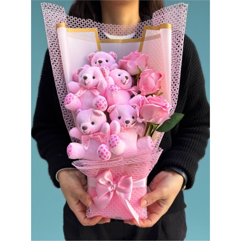Lenostra Elite Pembe Güllü ve Pembe Ayıcıklı Hediye Buket 1 Adet Romantik Çocuklar İçin Diğer Fiyatı