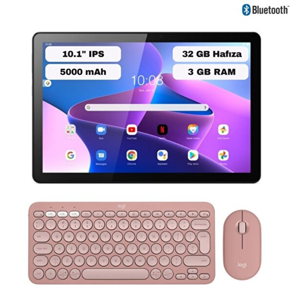 Lenovo M10 (3rd Gen) 10.1" 3GB 32Gb Bluetooth Tablet Zaag0026Tr ve Logitech Pebble 2 Kablosuz Klavye Mouse Seti Pembe Tablet Pc Fiyatı