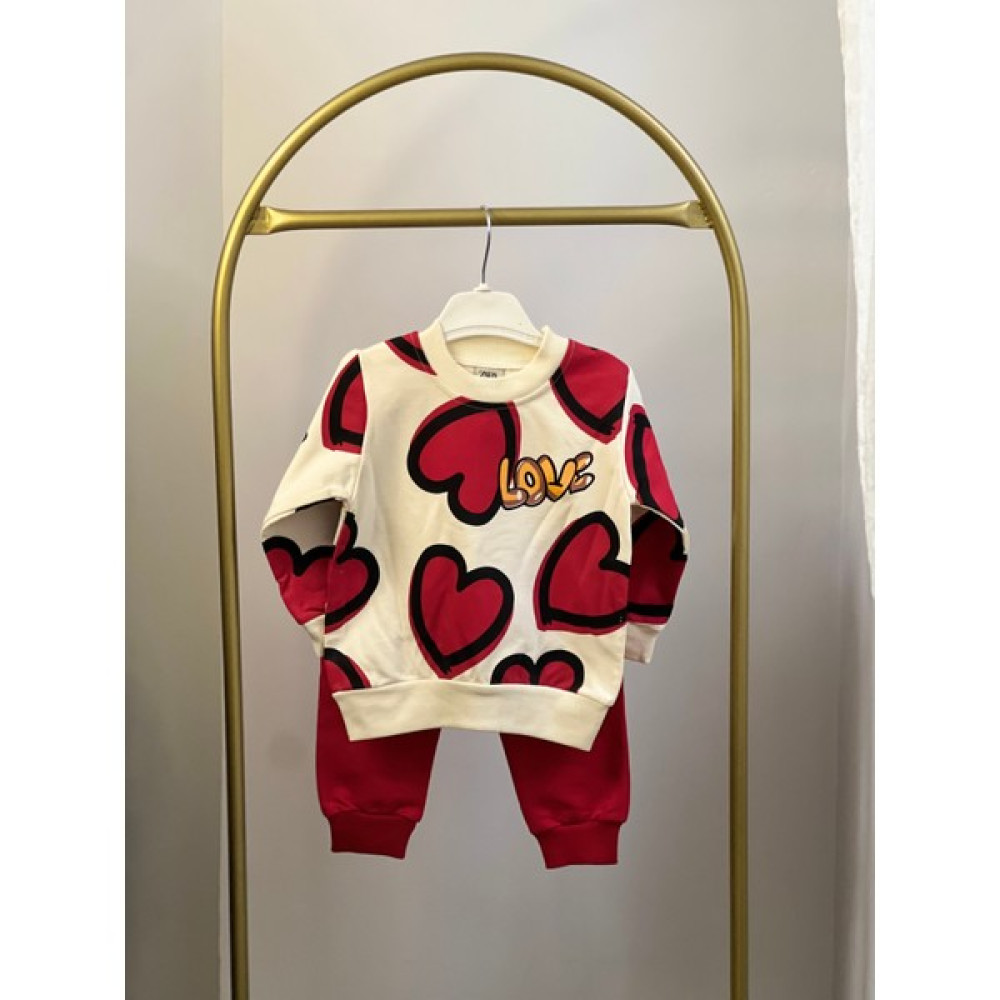 Leo Baby Store Kız Çocuk Kalpli Model Ikili Takım Kırmızı Renk Desenli Ikili Takım A1003 Kız Çocuk Giyim Takımı Fiyatı