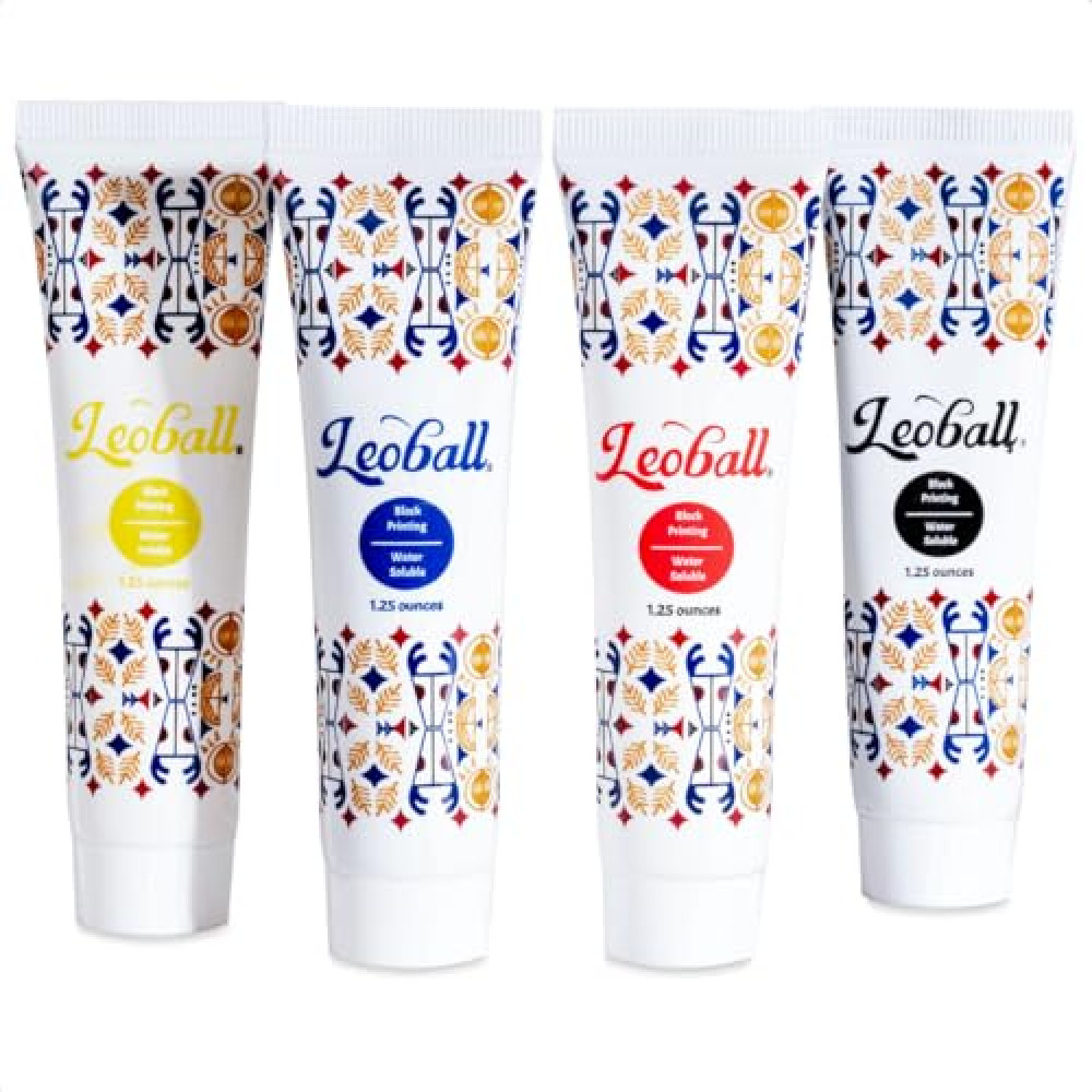 Leoball® Water-Soluble Block Printing Ink Starter Set: 4-Color Included (Black, Red, Blue, Yellow) - 1.25 Ounce Tube Each
