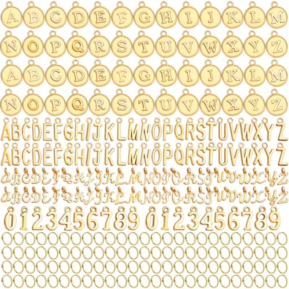 LEOBRO Letter Charms, 376 Pcs Gold Charms for Jewelry Making, Bracelet Necklace Charms & Jump Rings, Jewelry Making Supplies, Gold
