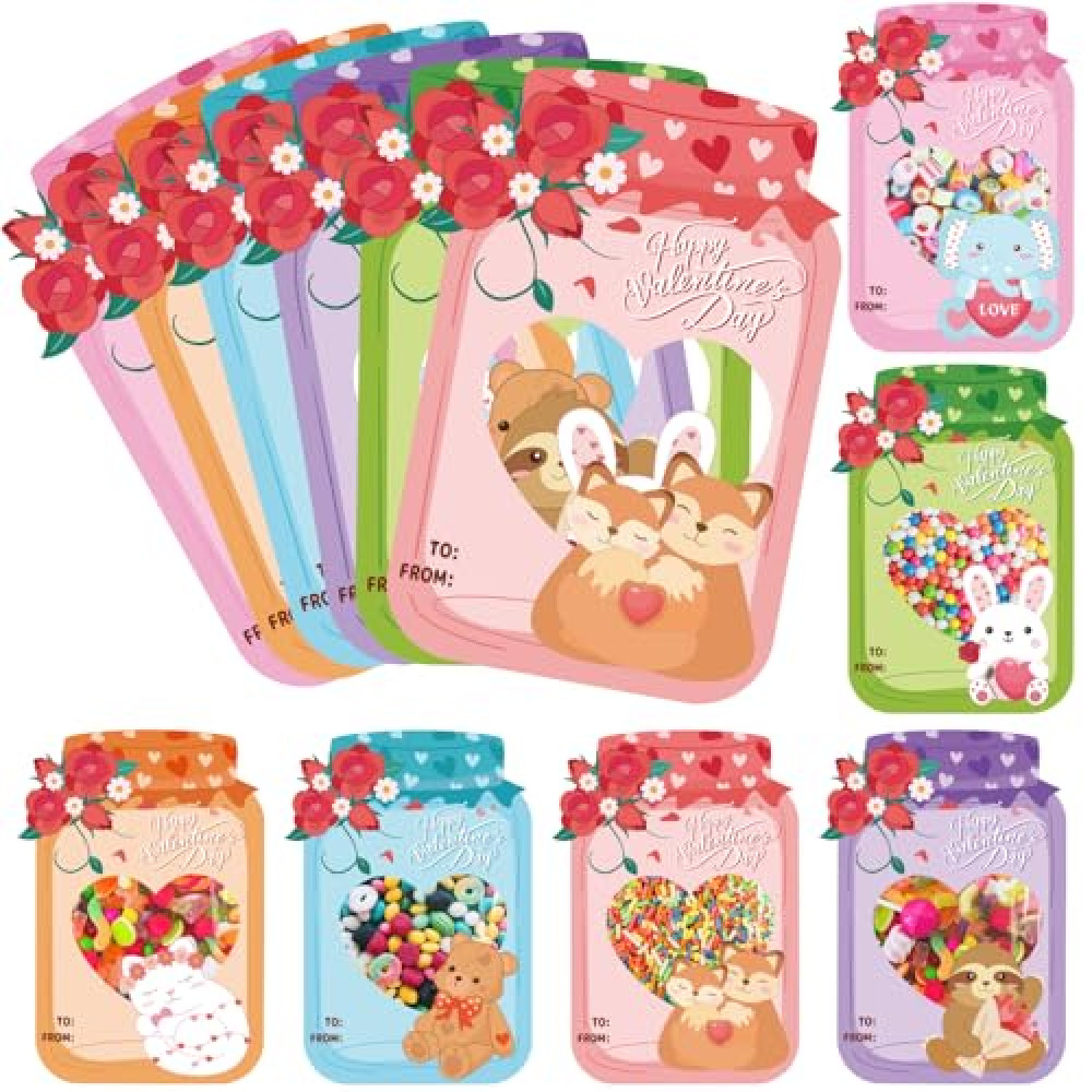 Leokawin 60 Pack Mason Jar Cards,Happy Animal Candy Cards with Treat Bag,Animal Exchange Cards Gifts for Boys Girls School Class Party Favors (Candy Not Included)