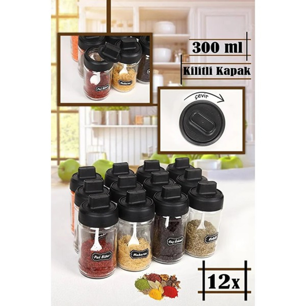 Leon Life 12 Adet Kilitlenebilir Kapaklı Kapağı Kendinden Kaşıklı ve Etiketli Baharatlık Seti 300ML Baharatlık - Siyah - 300 ml Baharat Setleri & Baharatlıklar Fiyatı