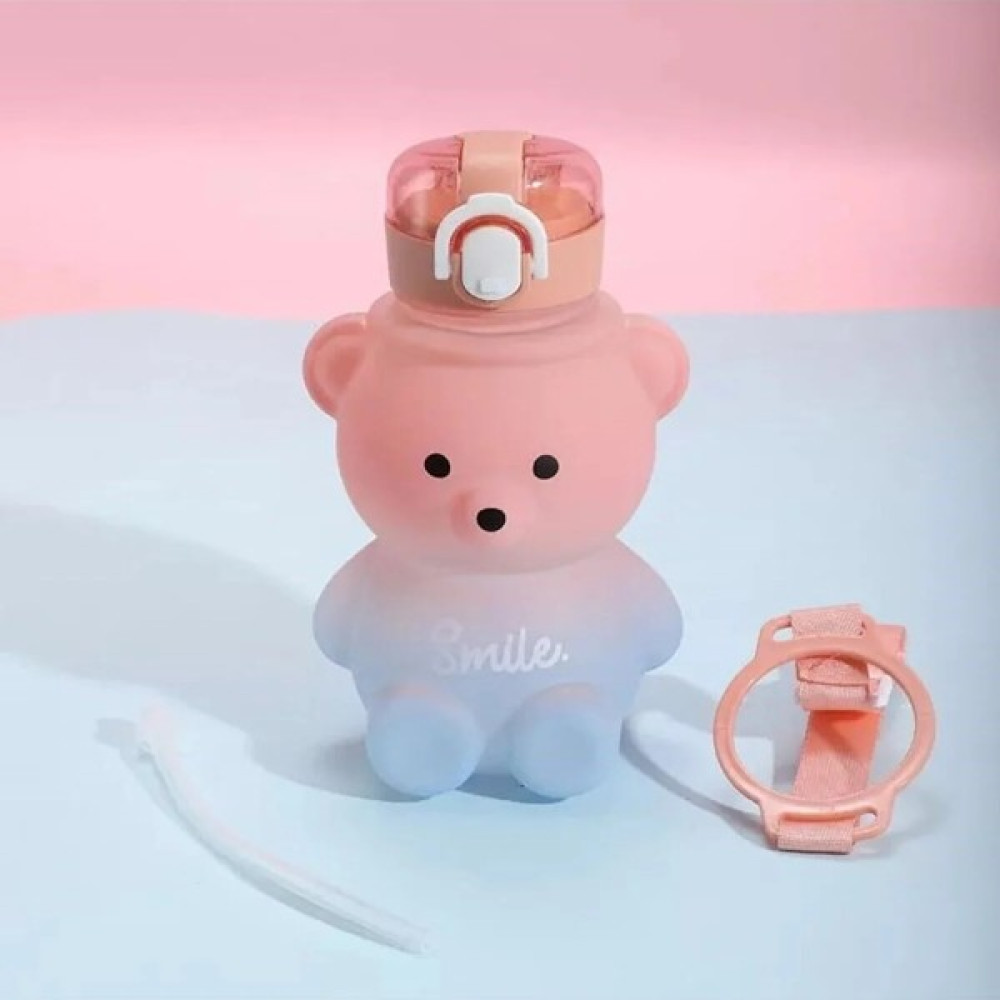 Leon Life 800 ml Ayıcıklı Suluk Renkli Pipetli Suluk Matara Askılı (Pembe-Mavi) + Sticker - Pembe - Mavi Suluk Fiyatı