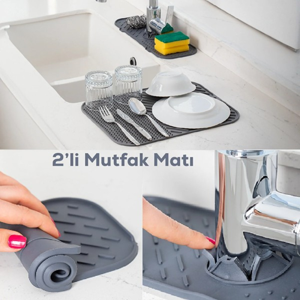 Leon Life Antrasit 2 Li Çok Amaçlı Oluklu Silikon Musluk Matı ve Bulaşık Kurutma Matı Pratik Mutfak Gereçleri Fiyatı