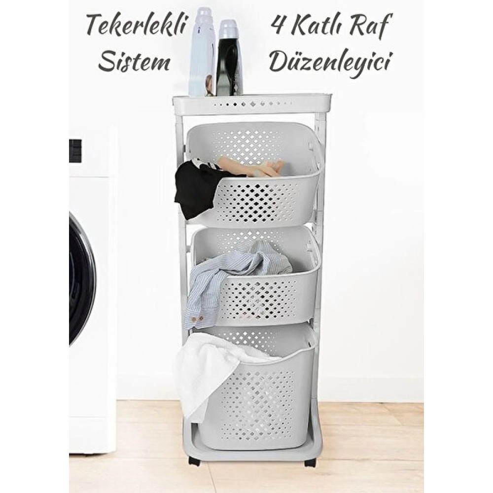 Leon Life Tekerlekli Geniş Raf 4 Katlı Banyo Rafı Çamaşır Sepeti - Gri Sepet Fiyatı