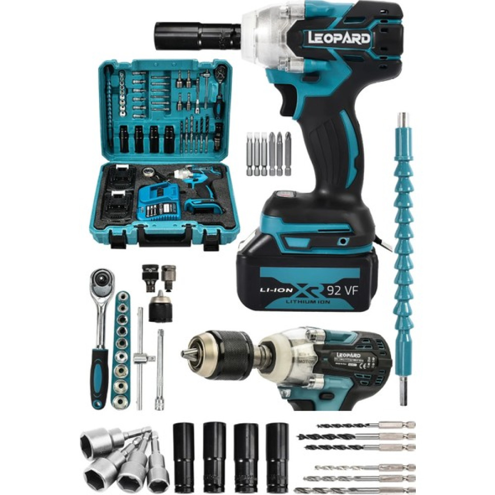 Leopard Alman 92 V 10 Ah Kömürsüz Motor Tam Profesyonel Darbeli Matkap Vidalama Şarjlı Somun Sökme Makinesi Somun Sıkma Makinesi Fiyatı