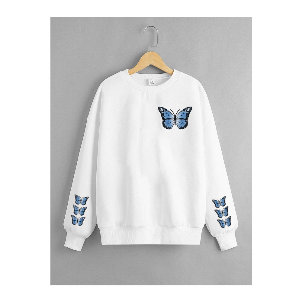LePold Beyaz Mavi Kelebek Butterfly Baskılı Kız Sweatshirt 8-9 Yaş Beden Bayan Sweatshirt Fiyatı