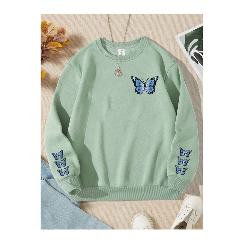 LePold Mint Yeşili Mavi Kelebek Butterfly Baskılı Kız Sweatshirt 14-15 Yaş Beden Bayan Sweatshirt Fiyatı