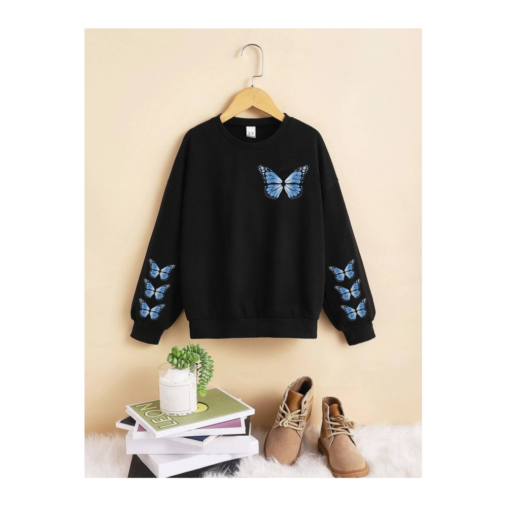 LePold Siyah Mavi Kelebek Butterfly Baskılı Kız Sweatshirt 8-9 Yaş Beden Bayan Sweatshirt Fiyatı