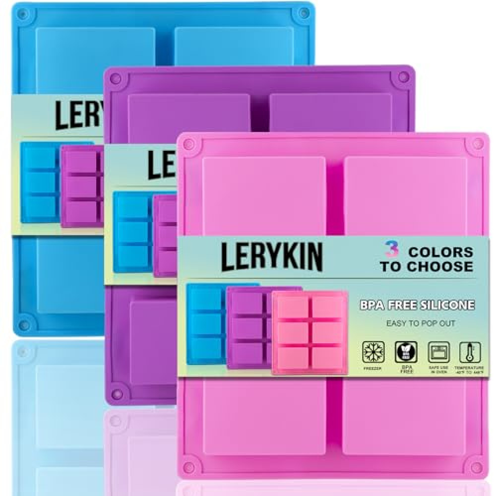 LERYKIN 3 Pack Silicone Soap Molds, 6 Cavities Rectangle Silicone Soap Molds, Great for Homemade Craft Soap Mold, Chocolate Mold, Cake Mold ＆ Ice Cube Tray - Just Pop Out（Pink & Blue & Purple）