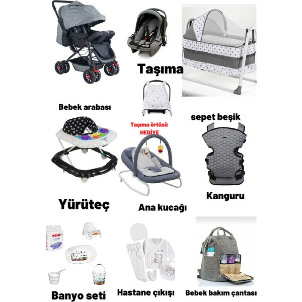 Let's Go Baby 18 Parça Bebek Çeyiz Seti Bebek Arabası Beşik Banyo Seti Puset - Gri Bebek Arabası-Puset Aksesuarları Fiyatı
